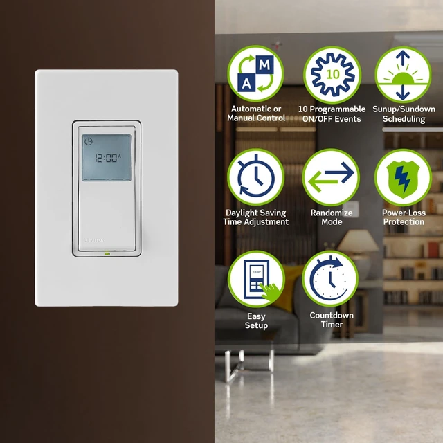 Alt view image 5 of 7 - Decora 24-Hour Programmable and Astronomical In-Wall Timer Switch for Lights and Motor Loads, Digital Light Switch Timer Indoor, Single Pole or 3-Way, Neutral Wire Required, VPT24-1LW, White