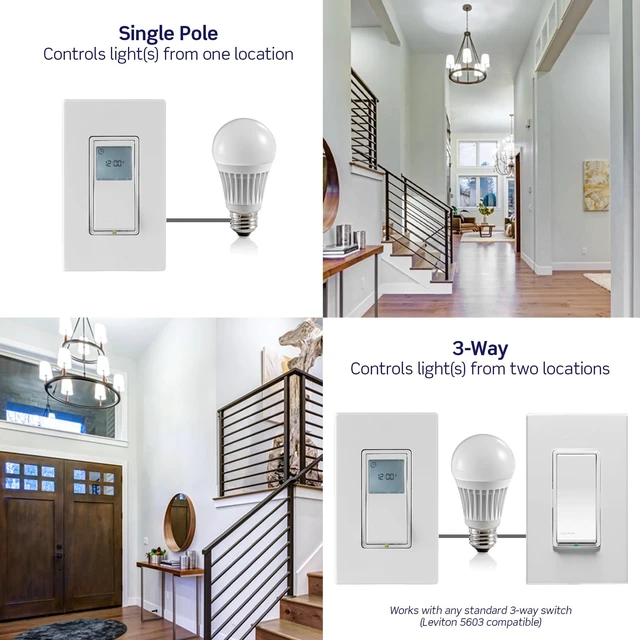 Alt view image 7 of 7 - Decora 24-Hour Programmable and Astronomical In-Wall Timer Switch for Lights and Motor Loads, Digital Light Switch Timer Indoor, Single Pole or 3-Way, Neutral Wire Required, VPT24-1LW, White