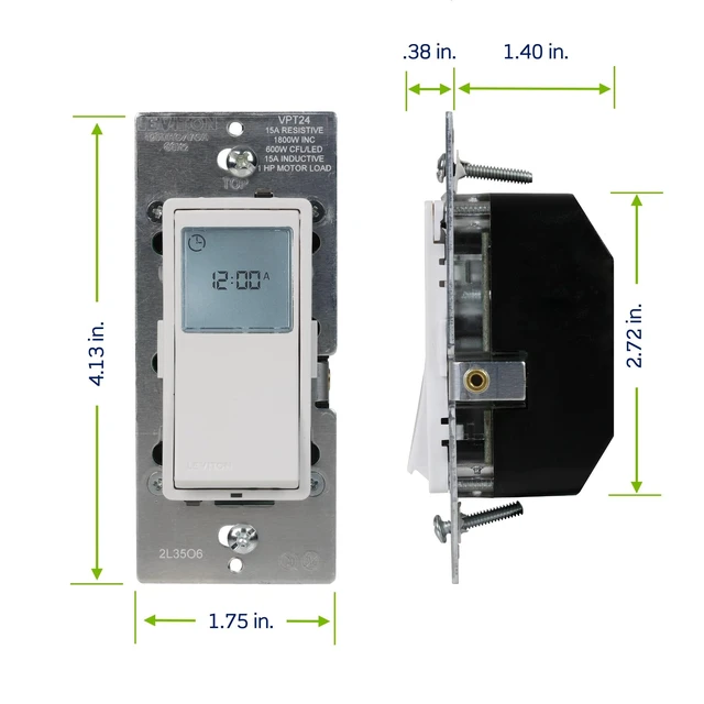 Alt view image 6 of 7 - Decora 24-Hour Programmable and Astronomical In-Wall Timer Switch for Lights and Motor Loads, Digital Light Switch Timer Indoor, Single Pole or 3-Way, Neutral Wire Required, VPT24-1LW, White