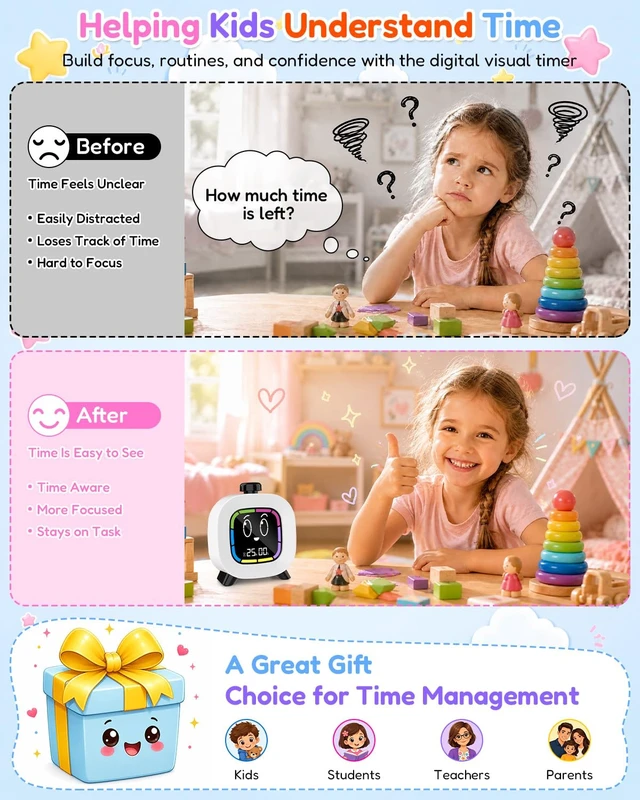 Alt view image 3 of 7 - Digital Visual Timer for Kids ADHD, 99-Minute Countdown, Rechargeable | 4 Cute Emotion Faces, Colorful Display, LED Backlit, Time Management Tool for Study, Homework, Classroom, Kitchen(Black)