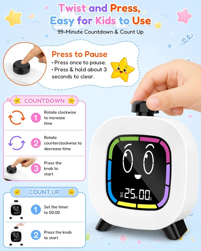 Alt view image 4 of 7 - Digital Visual Timer for Kids ADHD, 99-Minute Countdown, Rechargeable | 4 Cute Emotion Faces, Colorful Display, LED Backlit, Time Management Tool for Study, Homework, Classroom, Kitchen(Black)