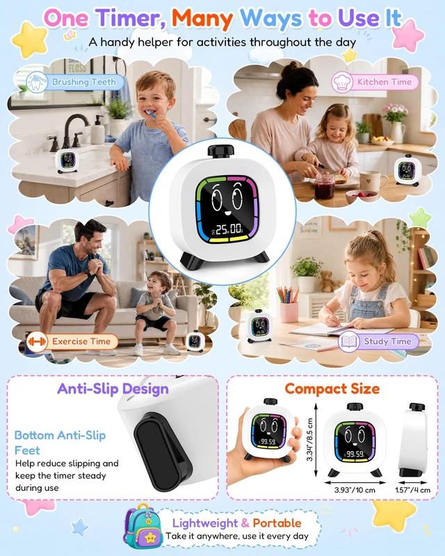 Alt view image 7 of 7 - Digital Visual Timer for Kids ADHD, 99-Minute Countdown, Rechargeable | 4 Cute Emotion Faces, Colorful Display, LED Backlit, Time Management Tool for Study, Homework, Classroom, Kitchen(Black)