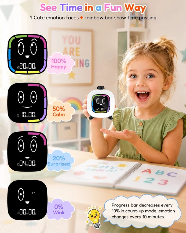Alt view image 2 of 7 - Digital Visual Timer for Kids ADHD, 99-Minute Countdown, Rechargeable | 4 Cute Emotion Faces, Colorful Display, LED Backlit, Time Management Tool for Study, Homework, Classroom, Kitchen(Black)