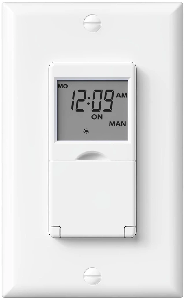 Main image of 7 Day Programmable in-Wall Digital Timer Switch for Lights, Fans | 18 ON/OFF Programs, Random/DST Mode, Single Pole or 3 Way Light Switch Timer, 15A/1875W, Neutral Required, No Backlight, ETL