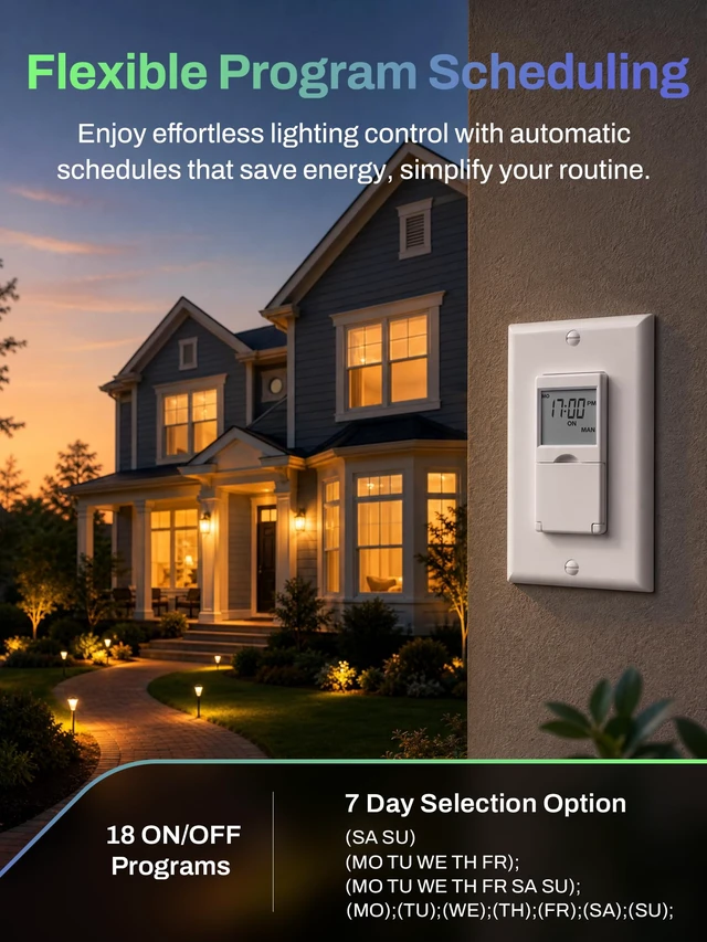 Alt view image 2 of 7 - 7 Day Programmable in-Wall Digital Timer Switch for Lights, Fans | 18 ON/OFF Programs, Random/DST Mode, Single Pole or 3 Way Light Switch Timer, 15A/1875W, Neutral Required, No Backlight, ETL