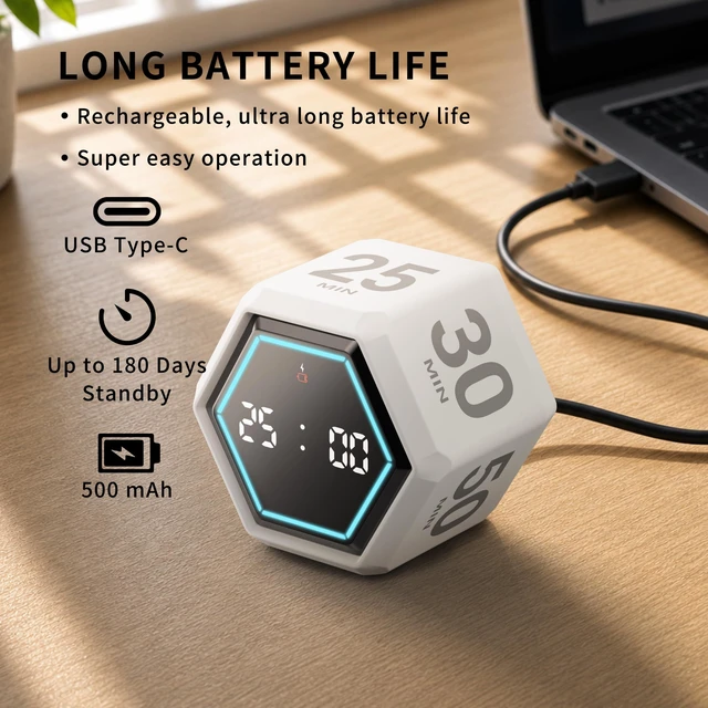 Alt view image 3 of 6 - Cube Productivity Timer, 3/5/10/25/30/50 Minute Presets for ADHD | Silent and Vibration Alerts, Focus Timer for Work, Study, Classroom, Kitchen, and Daily Time Management