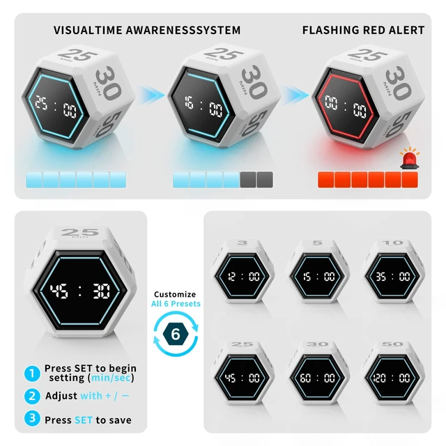 Alt view image 5 of 6 - Cube Productivity Timer, 3/5/10/25/30/50 Minute Presets for ADHD | Silent and Vibration Alerts, Focus Timer for Work, Study, Classroom, Kitchen, and Daily Time Management