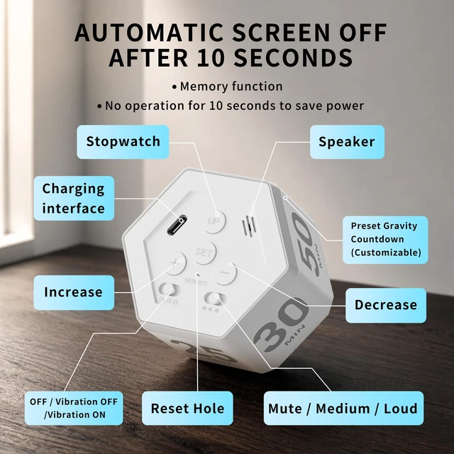 Alt view image 6 of 6 - Cube Productivity Timer, 3/5/10/25/30/50 Minute Presets for ADHD | Silent and Vibration Alerts, Focus Timer for Work, Study, Classroom, Kitchen, and Daily Time Management