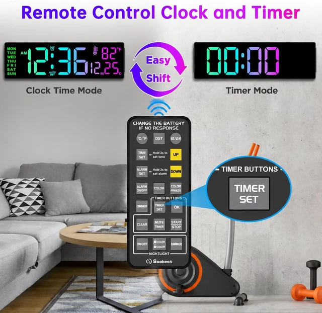 Alt view image 4 of 7 - 14.2 Inch Electric Digital Wall Clock, LED Large Display | Date, Day, Temp, 8-in-1 Color Changing Big Clock for Elderly, Auto DST, Remote Control Timer for Living Room Classroom Gym