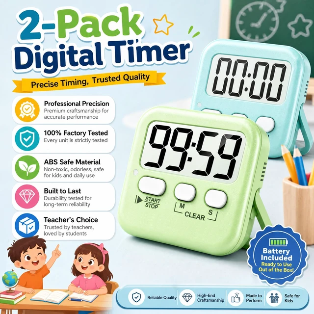 Alt view image 7 of 7 - 2 Pack Digital Timer for Kids Classroom Kitchen Timers for Cooking | With 2*AAA Battery, Count Up / Down, Loud Alarm & Silent FlashLight Mode, Magnetic Back, Kickstand, School Teacher Supplies