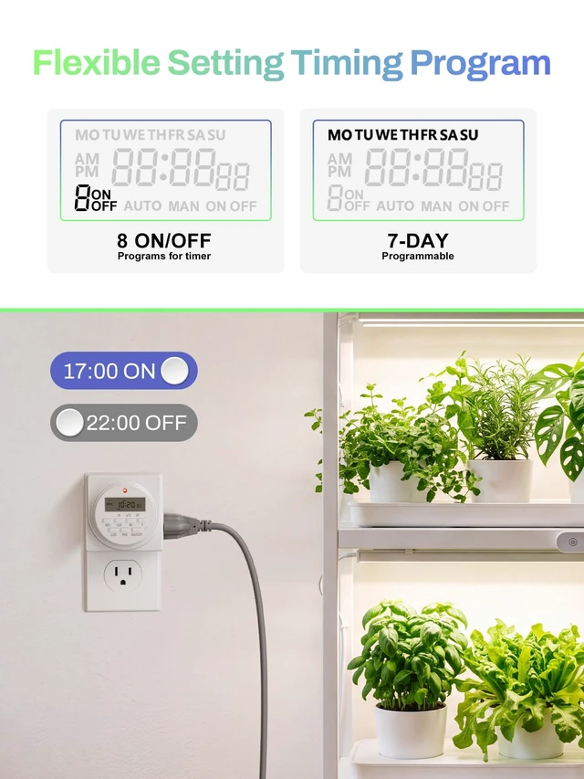 Alt view image 4 of 7 - Indoor 7-Day Programmable Digital Timer Outlet, 2 Outlets, 1 Pack | 8 On/Off Programs; Random/DST Modes;15A/1875W; 3 Prong Light Timer for Lamp, Aquarium, Reptile Tank,Holiday Decor; ETL Listed