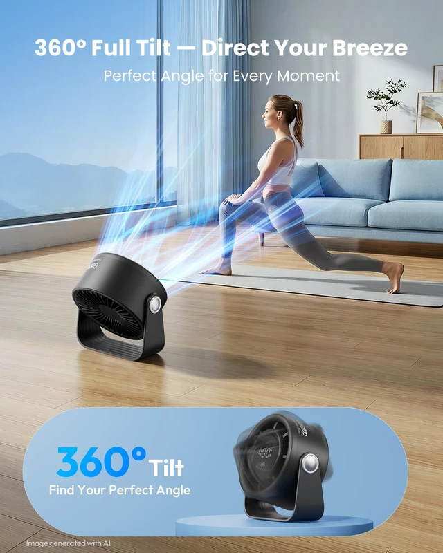Alt view image 6 of 7 - Small Desk Fan Rechargeable, Quiet Small Fans, Max 11.5H Runtime | Personal Table Fan for Bedroom Dorm Office, 360° Tilt, 5-Speed Strong Wind, Touch Control Display, Gifts for Women Men, Black