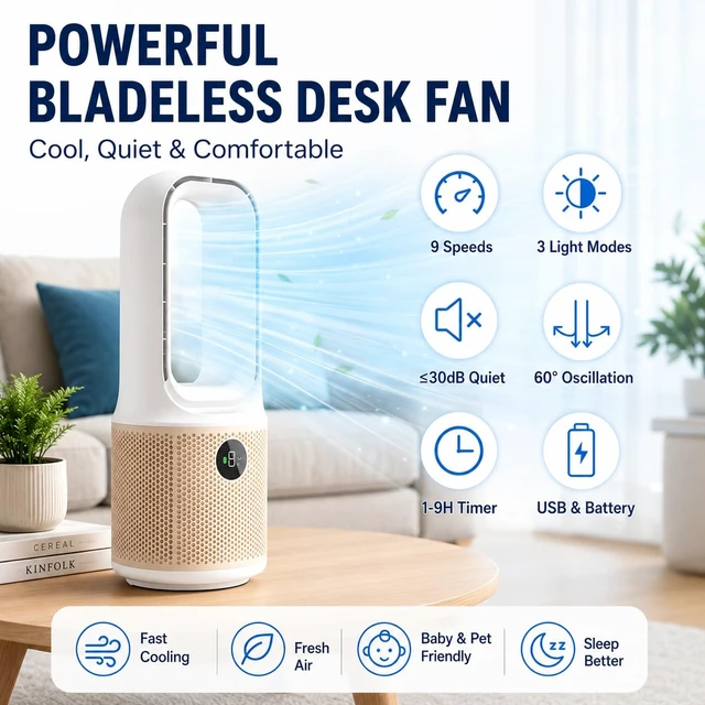 Alt view image 2 of 7 - Bladeless Desk Fan, USB Rechargeable, Quiet, 9 Speeds, 60° Oscillation | 3 LED light modes create a cozy atmosphere, ideal for bedrooms, offices, dorms, bedside tables, and study spaces