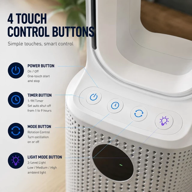 Alt view image 3 of 7 - Bladeless Desk Fan, USB Rechargeable, Quiet, 9 Speeds, 60° Oscillation | 3 LED light modes create a cozy atmosphere, ideal for bedrooms, offices, dorms, bedside tables, and study spaces