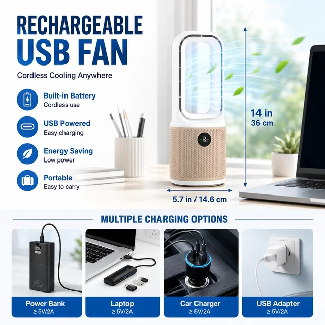 Alt view image 5 of 7 - Bladeless Desk Fan, USB Rechargeable, Quiet, 9 Speeds, 60° Oscillation | 3 LED light modes create a cozy atmosphere, ideal for bedrooms, offices, dorms, bedside tables, and study spaces