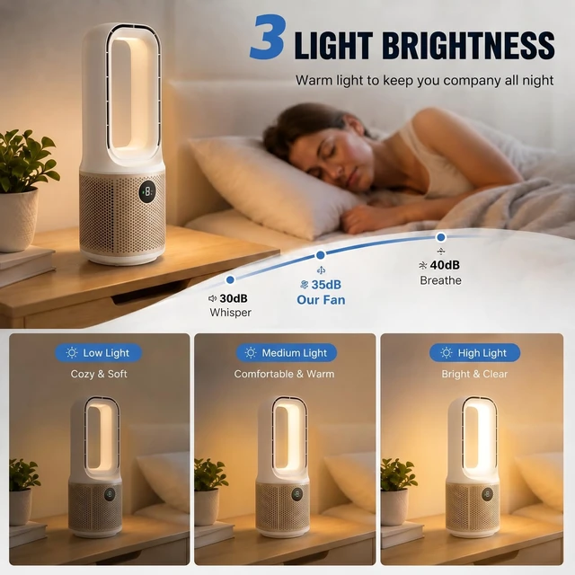 Alt view image 6 of 7 - Bladeless Desk Fan, USB Rechargeable, Quiet, 9 Speeds, 60° Oscillation | 3 LED light modes create a cozy atmosphere, ideal for bedrooms, offices, dorms, bedside tables, and study spaces