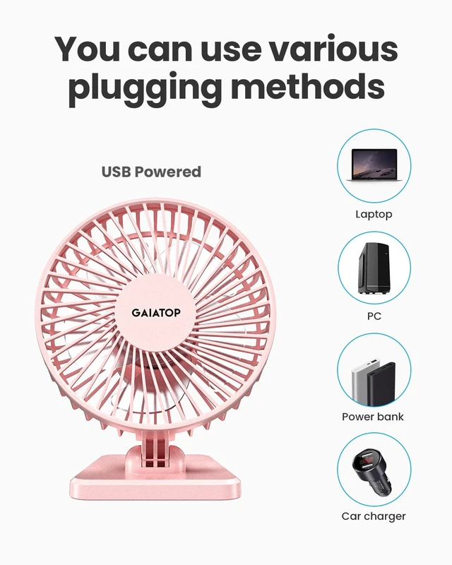 Alt view image 6 of 7 - USB Desk Fan, Personal Portable Quiet Small Table Desktop fan | Powerful Mini 3 Speeds, Adjustable Head, for Cooling Home Office Car Summer Travel Gifts Pink