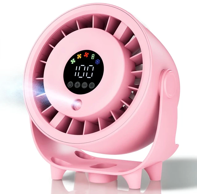 Main image of Desk Fan, Turbo Table Fan for Bedroom, Desktop Fans with Mist Spray, 100-Speed Digital Display, Low Noise, 120° Rotating, Rechargeable Battery, Wall-Mounted Design for Home, Office, Travel, Pink