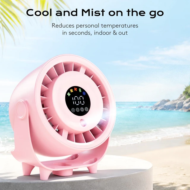 Alt view image 2 of 7 - Desk Fan, Turbo Table Fan for Bedroom, Desktop Fans with Mist Spray, 100-Speed Digital Display, Low Noise, 120° Rotating, Rechargeable Battery, Wall-Mounted Design for Home, Office, Travel, Pink