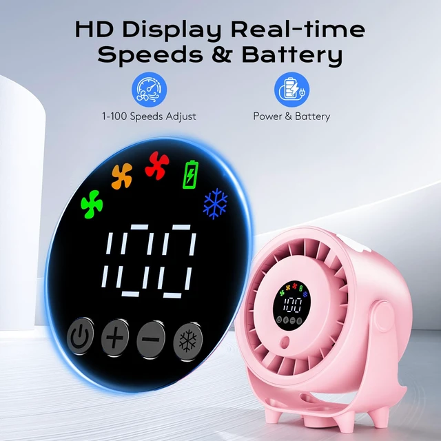Alt view image 4 of 7 - Desk Fan, Turbo Table Fan for Bedroom, Desktop Fans with Mist Spray, 100-Speed Digital Display, Low Noise, 120° Rotating, Rechargeable Battery, Wall-Mounted Design for Home, Office, Travel, Pink