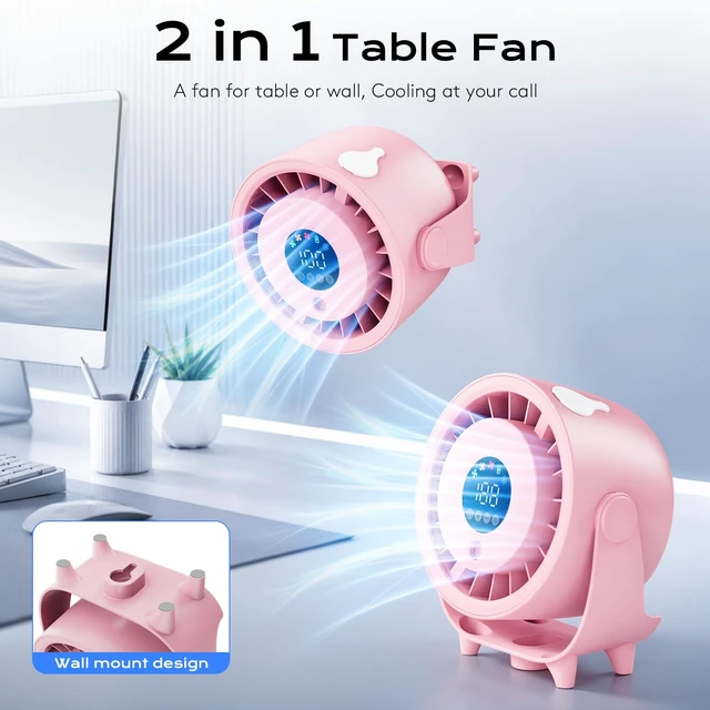 Alt view image 3 of 7 - Desk Fan, Turbo Table Fan for Bedroom, Desktop Fans with Mist Spray, 100-Speed Digital Display, Low Noise, 120° Rotating, Rechargeable Battery, Wall-Mounted Design for Home, Office, Travel, Pink