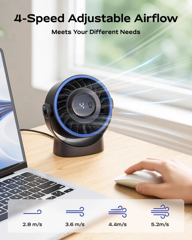 Alt view image 5 of 7 - USB Small Desk Fan - 5 Inch Mini Personal Desktop Fan | 4 Speeds Cooling Strong Airflow, 360° Adjustable Tilt, Quiet Portable Table Fans for Bedroom, Office, Travel & Cruise, Black