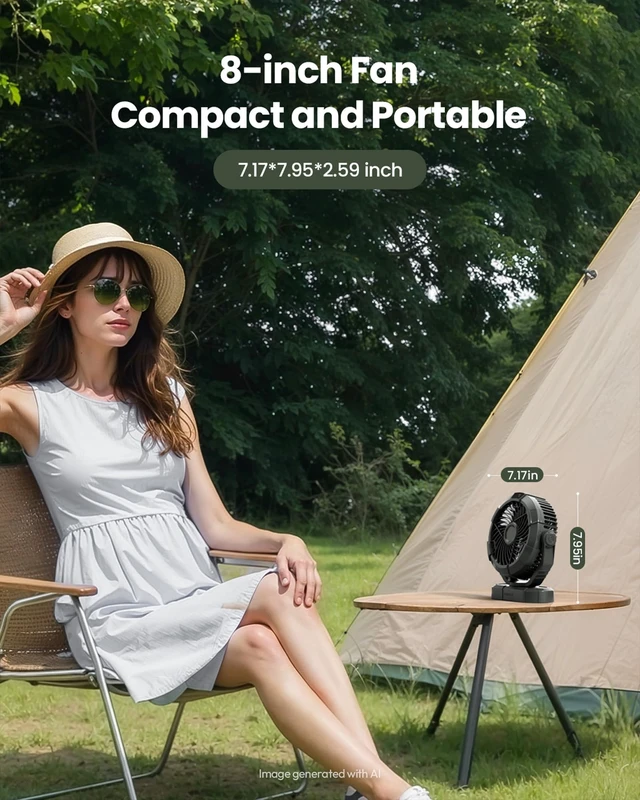 Alt view image 7 of 7 - Portable Camping Fan with LED Lantern, 360° Head Rotation for Tent | Power Display, 3 Speed Quiet, 8 LED Beads, Rechargeable Battery Operated USB , Indoor Outdoor Travel Black