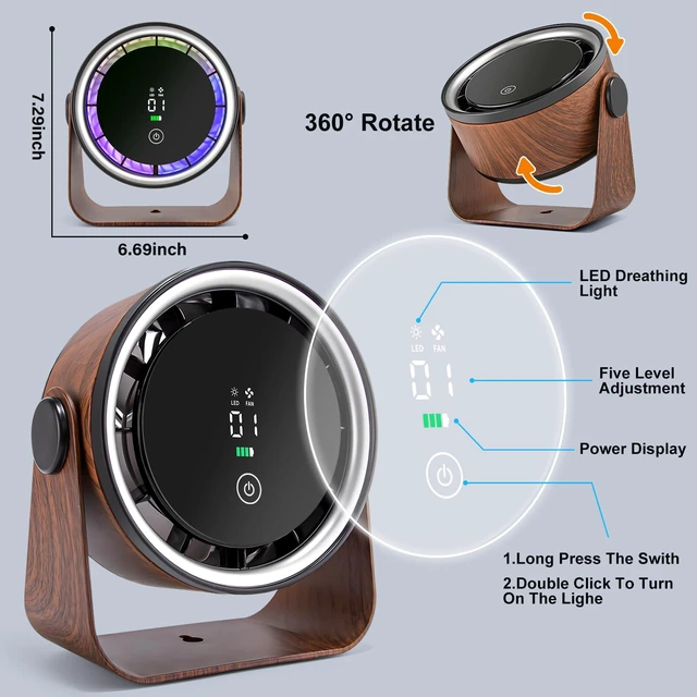 Alt view image 5 of 5 - Desk Fan 360° Rotation 5-Speed 5000mAh Rechargeable Battery Powered -Walnut | Digital Display, Low Noise Portable Small Battery Desktop Fans for Office Bedroom Sleep Table Kitchen Travel Camping