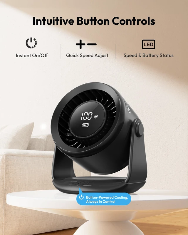 Alt view image 3 of 7 - Desktop Fan, 6 Speeds Ultra Quiet Bedroom Fan, Up to 20H Cooling | LED Display, 110° Tilt, USB-C Rechargeable Desk Fan Battery Powered for Dorm, Office, Room, and Home Office, Black