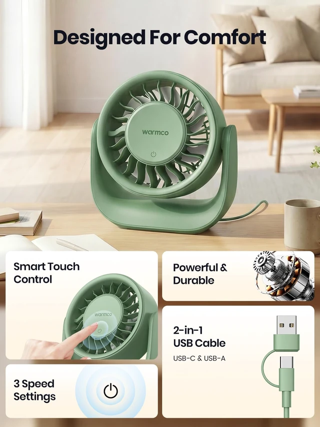 Alt view image 3 of 7 - USB Fan with Touch Control, (No Battery) Small Personal Desk Fan, USB-A & USB-C Plug, 3 Speeds Strong Airflow, Quiet Table Fans for Office Dorm Home Green