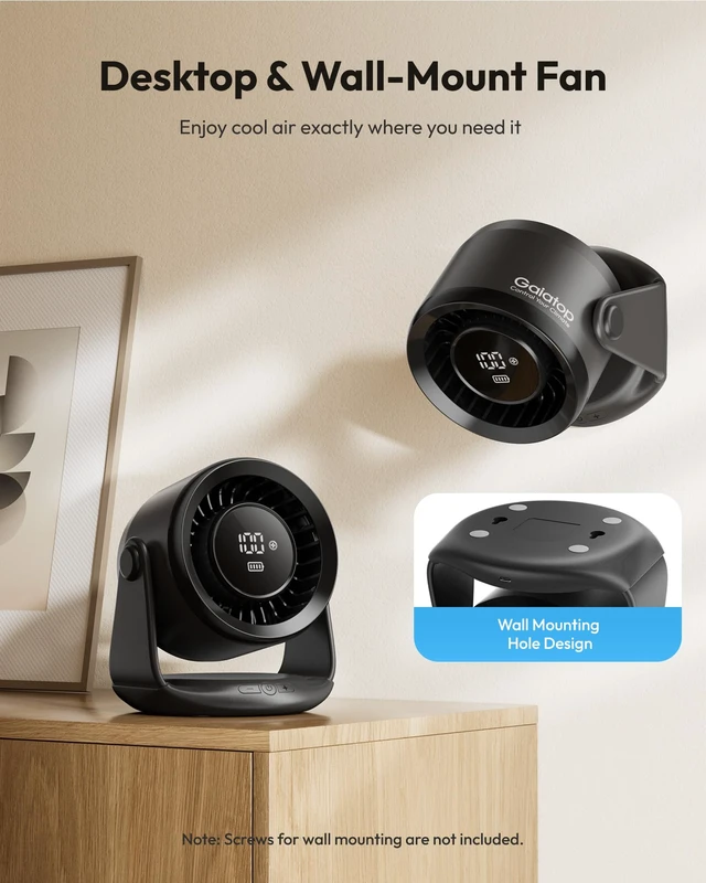 Alt view image 4 of 7 - Desktop Fan, 6 Speeds Ultra Quiet Bedroom Fan, Up to 20H Cooling | LED Display, 110° Tilt, USB-C Rechargeable Desk Fan Battery Powered for Dorm, Office, Room, and Home Office, Black