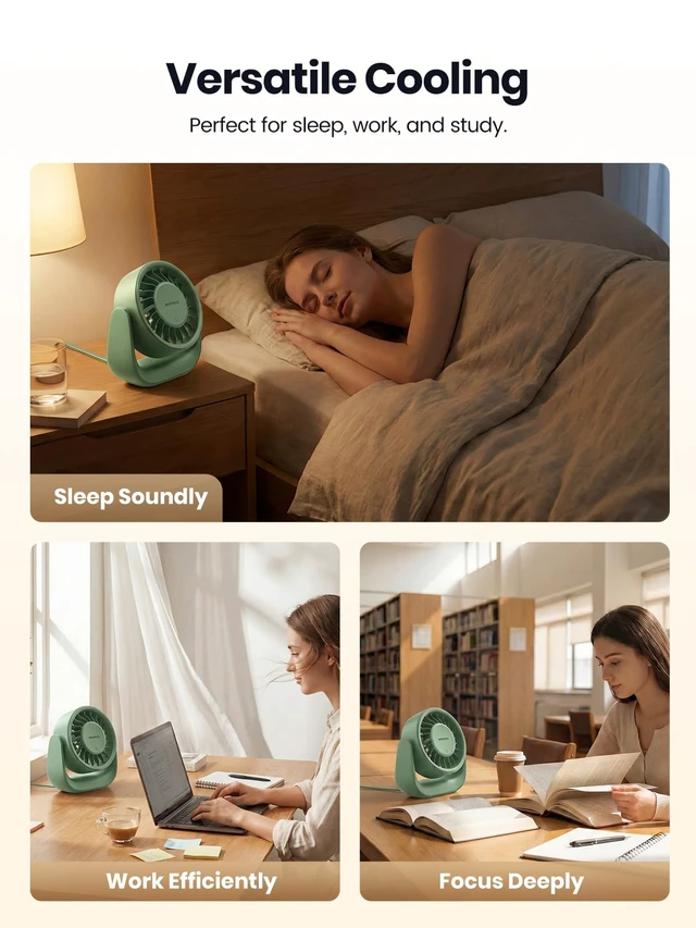 Alt view image 6 of 7 - USB Fan with Touch Control, (No Battery) Small Personal Desk Fan, USB-A & USB-C Plug, 3 Speeds Strong Airflow, Quiet Table Fans for Office Dorm Home Green