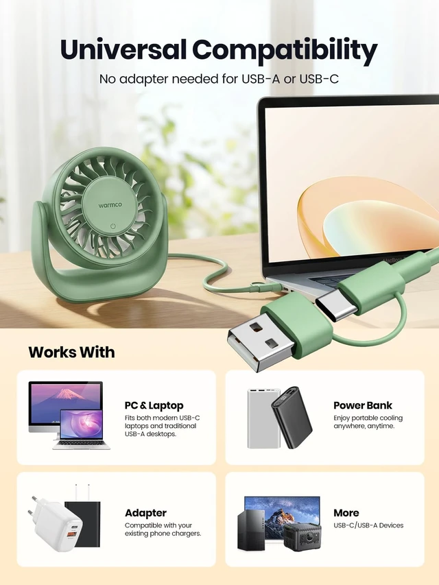Alt view image 7 of 7 - USB Fan with Touch Control, (No Battery) Small Personal Desk Fan, USB-A & USB-C Plug, 3 Speeds Strong Airflow, Quiet Table Fans for Office Dorm Home Green