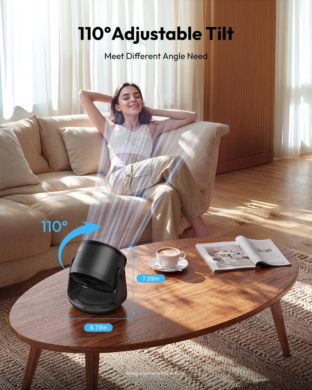 Alt view image 6 of 7 - Desktop Fan, 6 Speeds Ultra Quiet Bedroom Fan, Up to 20H Cooling | LED Display, 110° Tilt, USB-C Rechargeable Desk Fan Battery Powered for Dorm, Office, Room, and Home Office, Black