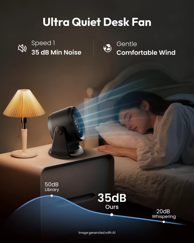Alt view image 7 of 7 - Desktop Fan, 6 Speeds Ultra Quiet Bedroom Fan, Up to 20H Cooling | LED Display, 110° Tilt, USB-C Rechargeable Desk Fan Battery Powered for Dorm, Office, Room, and Home Office, Black