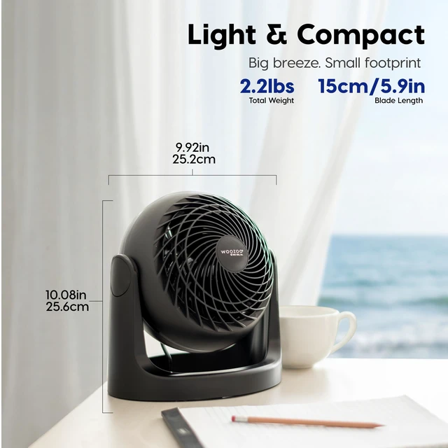 Alt view image 2 of 7 - WOOZOO Small Desk Fan, 360° Vertical Tilt, Quiet Table Fan, Black | 52ft Max Air Distance, 30 db, Table Top Fan for Bedroom, Office, Dorm, Kitchen, Air Circulator