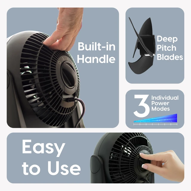 Alt view image 4 of 7 - WOOZOO Small Desk Fan, 360° Vertical Tilt, Quiet Table Fan, Black | 52ft Max Air Distance, 30 db, Table Top Fan for Bedroom, Office, Dorm, Kitchen, Air Circulator