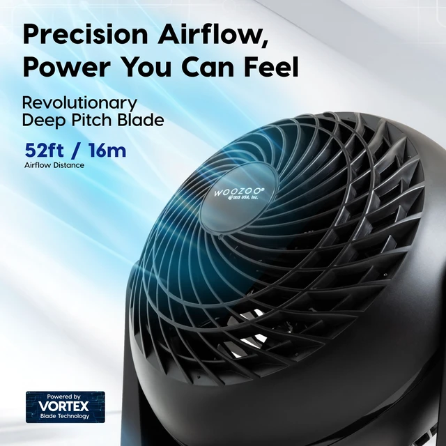 Alt view image 6 of 7 - WOOZOO Small Desk Fan, 360° Vertical Tilt, Quiet Table Fan, Black | 52ft Max Air Distance, 30 db, Table Top Fan for Bedroom, Office, Dorm, Kitchen, Air Circulator