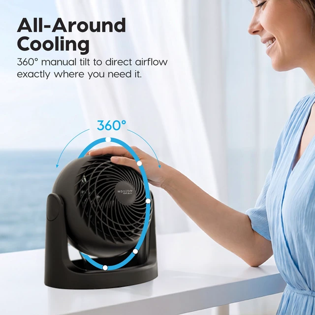 Alt view image 7 of 7 - WOOZOO Small Desk Fan, 360° Vertical Tilt, Quiet Table Fan, Black | 52ft Max Air Distance, 30 db, Table Top Fan for Bedroom, Office, Dorm, Kitchen, Air Circulator