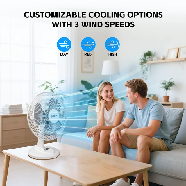 Alt view image 5 of 7 - Oscillating Table Fan for Bedroom, 12-Inch & 3 Speeds, White | Quiet Desk Fan with Adiustable Tilt, 70° Wide Oscillation, Safety Grill, Ideal for Home Bedroom Office