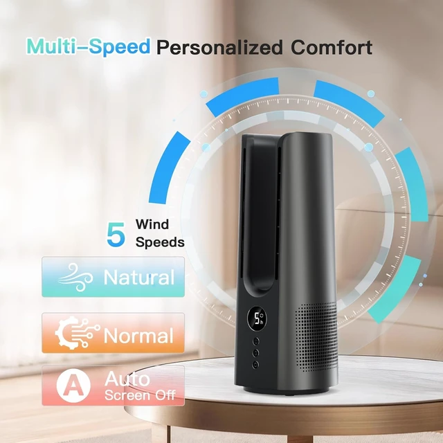 Alt view image 3 of 7 - Bladeless Desk Fan for Office, 13-Inch Small Quiet Desktop Fan with 5 Speeds, 60° Oscillation, 19H Timer and LED Display, Plug-In Bedside Fan with Adapter for Bedroom and Nightstand