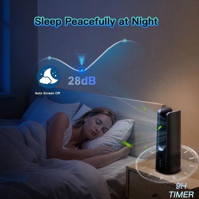 Alt view image 5 of 7 - Bladeless Desk Fan for Office, 13-Inch Small Quiet Desktop Fan with 5 Speeds, 60° Oscillation, 19H Timer and LED Display, Plug-In Bedside Fan with Adapter for Bedroom and Nightstand