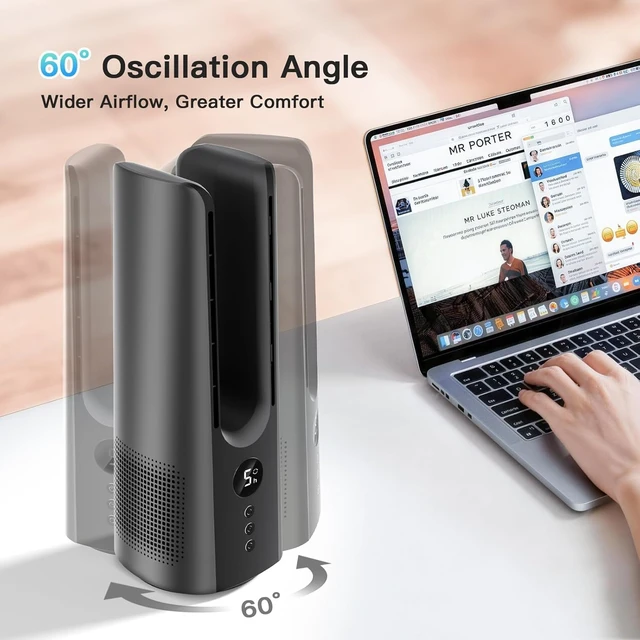 Alt view image 6 of 7 - Bladeless Desk Fan for Office, 13-Inch Small Quiet Desktop Fan with 5 Speeds, 60° Oscillation, 19H Timer and LED Display, Plug-In Bedside Fan with Adapter for Bedroom and Nightstand