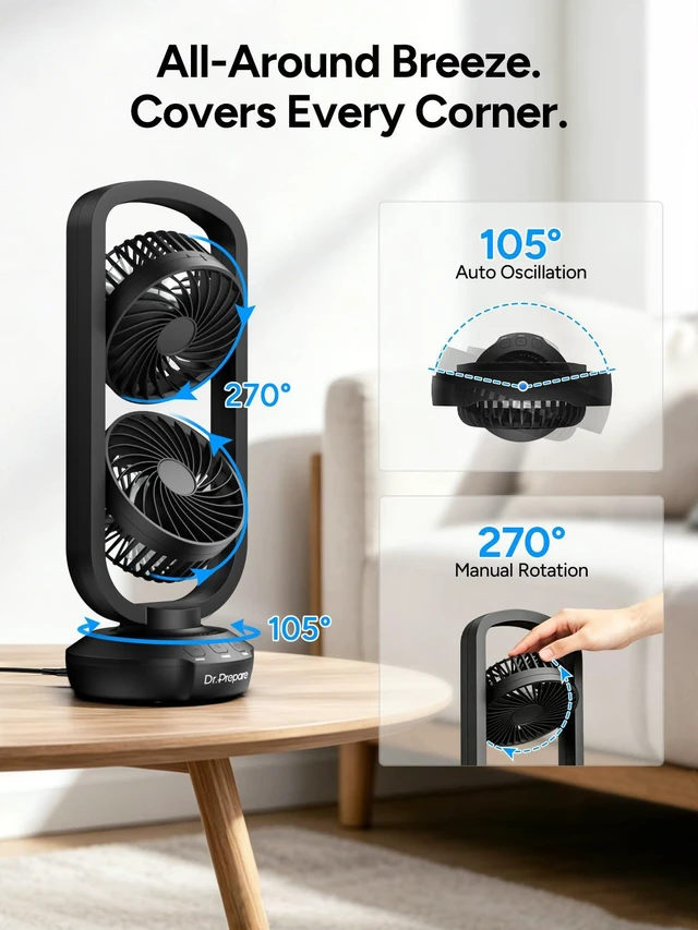 Alt view image 2 of 7 - Dual Oscillating Tower Fan with 270° Tilt, 105° Oscillating, 3 Speeds and 3 Auto-Off Timer, Portable USB Powered Desk Fan for Bedroom Office Home Desk, Powerful Airflow 15 Inch
