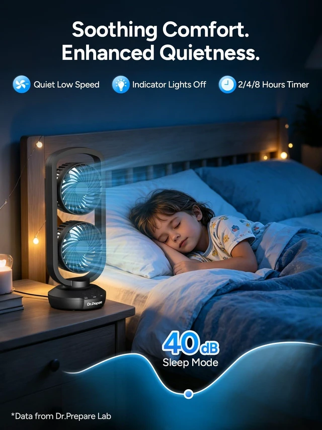 Alt view image 3 of 7 - Dual Oscillating Tower Fan with 270° Tilt, 105° Oscillating, 3 Speeds and 3 Auto-Off Timer, Portable USB Powered Desk Fan for Bedroom Office Home Desk, Powerful Airflow 15 Inch