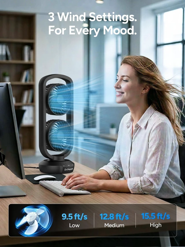 Alt view image 4 of 7 - Dual Oscillating Tower Fan with 270° Tilt, 105° Oscillating, 3 Speeds and 3 Auto-Off Timer, Portable USB Powered Desk Fan for Bedroom Office Home Desk, Powerful Airflow 15 Inch