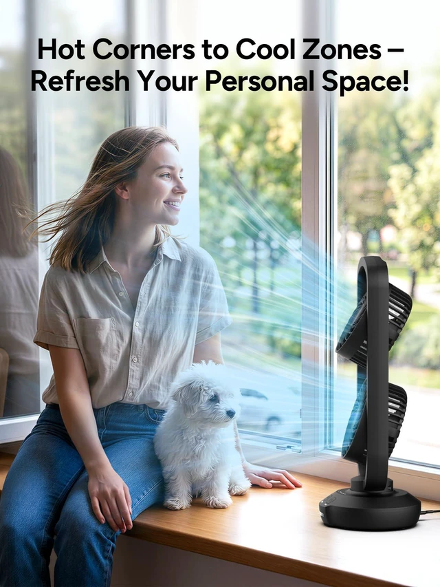 Alt view image 7 of 7 - Dual Oscillating Tower Fan with 270° Tilt, 105° Oscillating, 3 Speeds and 3 Auto-Off Timer, Portable USB Powered Desk Fan for Bedroom Office Home Desk, Powerful Airflow 15 Inch