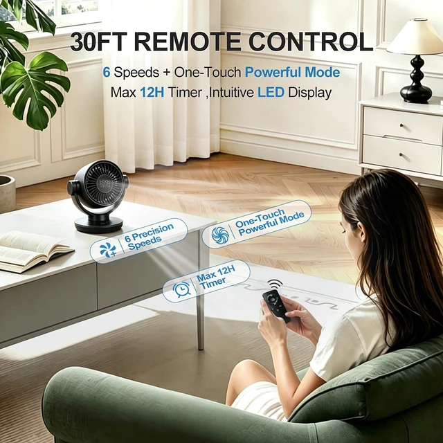 Alt view image 6 of 7 - Fan for Bedroom, Table Air Circulator Fan 9 Inch Remote, 90°+120° Auto Oscillation Desk Fan, 10dB Quiet, 6-Speed, Powerful Mode Cordless, Max 12H Timer 8000mAh Battery 40ft Airflow, LED Display