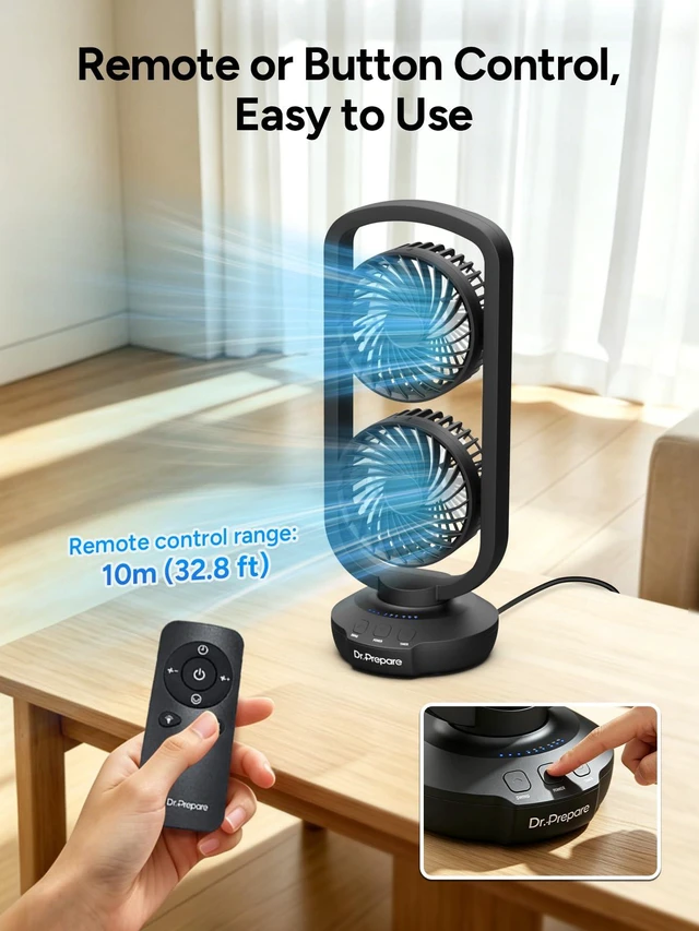 Alt view image 6 of 7 - Dual Oscillating Tower Fan with 270° Tilt, 105° Oscillating, 3 Speeds and 3 Auto-Off Timer, Portable USB Powered Desk Fan for Bedroom Office Home Desk, Powerful Airflow 15 Inch