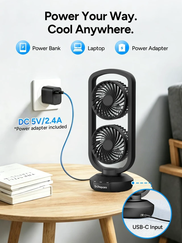 Alt view image 5 of 7 - Dual Oscillating Tower Fan with 270° Tilt, 105° Oscillating, 3 Speeds and 3 Auto-Off Timer, Portable USB Powered Desk Fan for Bedroom Office Home Desk, Powerful Airflow 15 Inch